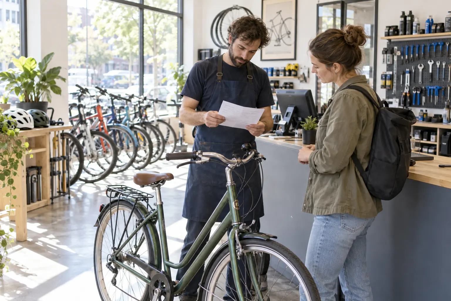 Fietsenmaker leest een uitgeprint vel papier naast een klant in een lichte fietsenwinkel