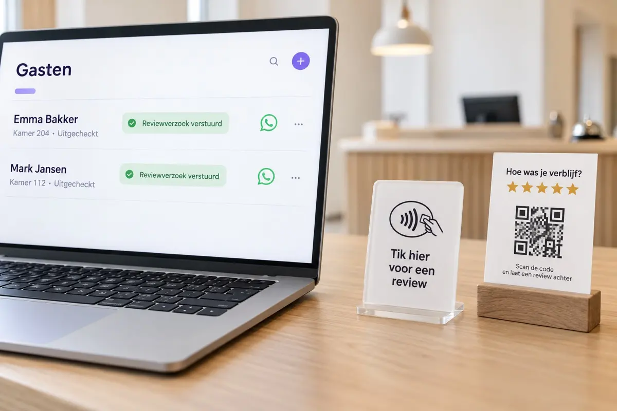 Gastensysteem dat reviewverzoeken verstuurt, met NFC-standaard en QR-kaartje op de receptie