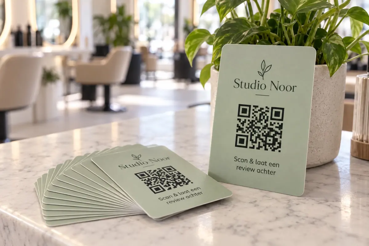 QR-kaartjes voor reviews op een salonbalie