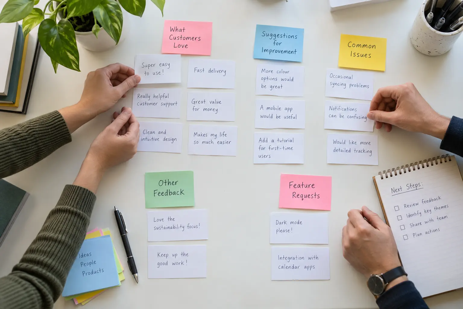 Handen sorteren feedbackkaartjes en sticky notes in groepen op een witte tafel