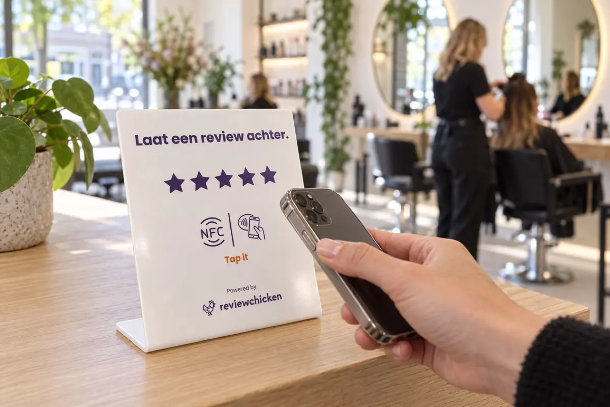 NFC-standaard van ReviewChicken op een toonbank