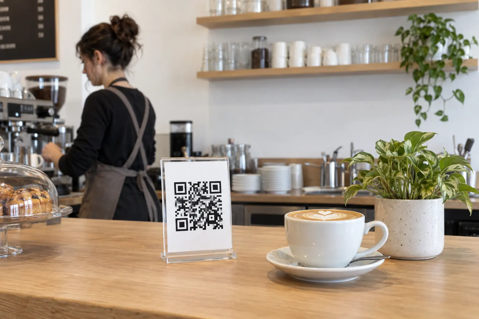 QR-standaard voor reviews op de toonbank van een nette koffiebar naast een cappuccino
